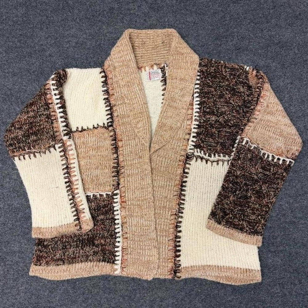 Vintage Spiegel Patchwork Knit Cardigan Sweater Brown Beige Boho 70s 80s Large